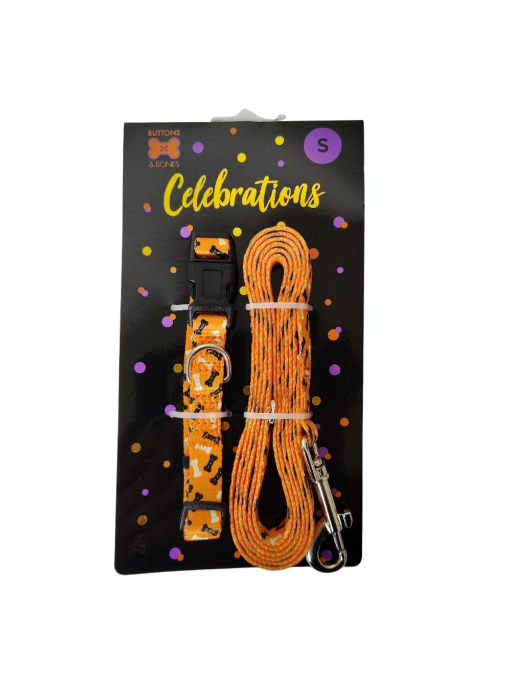 Dog Collar and Leash Set Adjustable Small Orange Halloween Bone Print Pattern